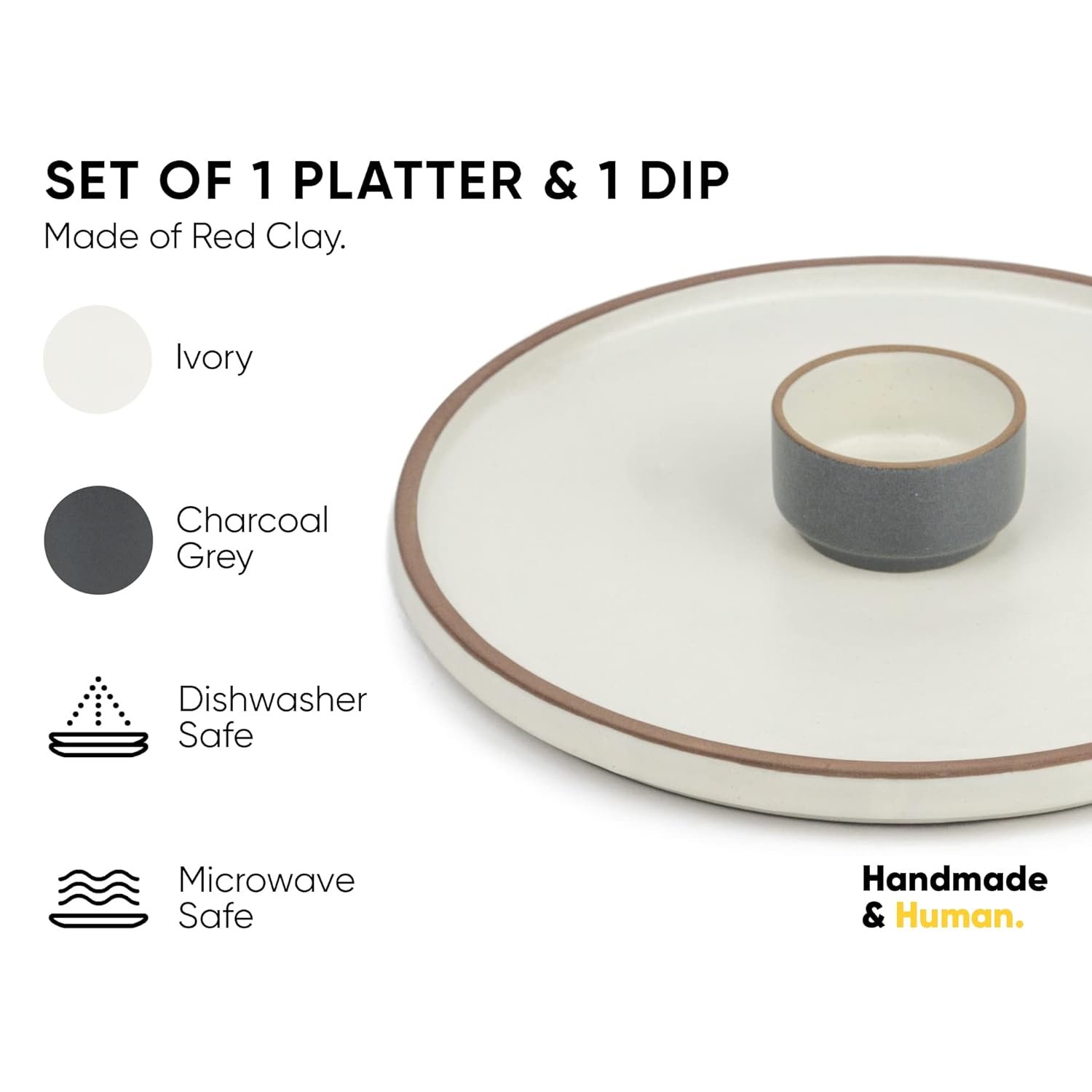 Large Round Ceramic Serving Platter, White - 1 Platter + 1 Dip Bowl, 75ml Modern Series | Big Serving Plate Set With Matte Finish - Platters Serving Set | Ceramic Round Platter - Microwave Safe
