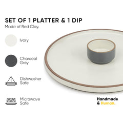 Large Round Ceramic Serving Platter, White - 1 Platter + 1 Dip Bowl, 75ml Modern Series | Big Serving Plate Set With Matte Finish - Platters Serving Set | Ceramic Round Platter - Microwave Safe