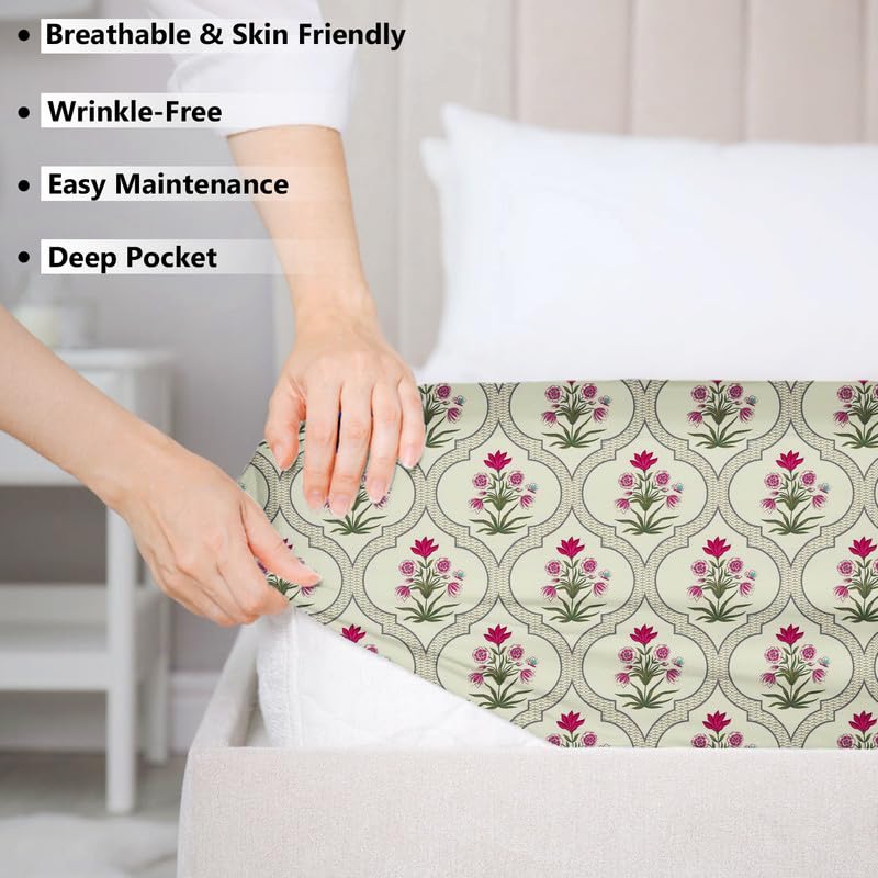 Cotton Elastic Fitted Bedsheets With 2 King Size Pillow Covers | 72 X 78 Inches, Almond & Pink - Double Bed Wrinkle Free With All Around Elastic 220 TC Super Soft