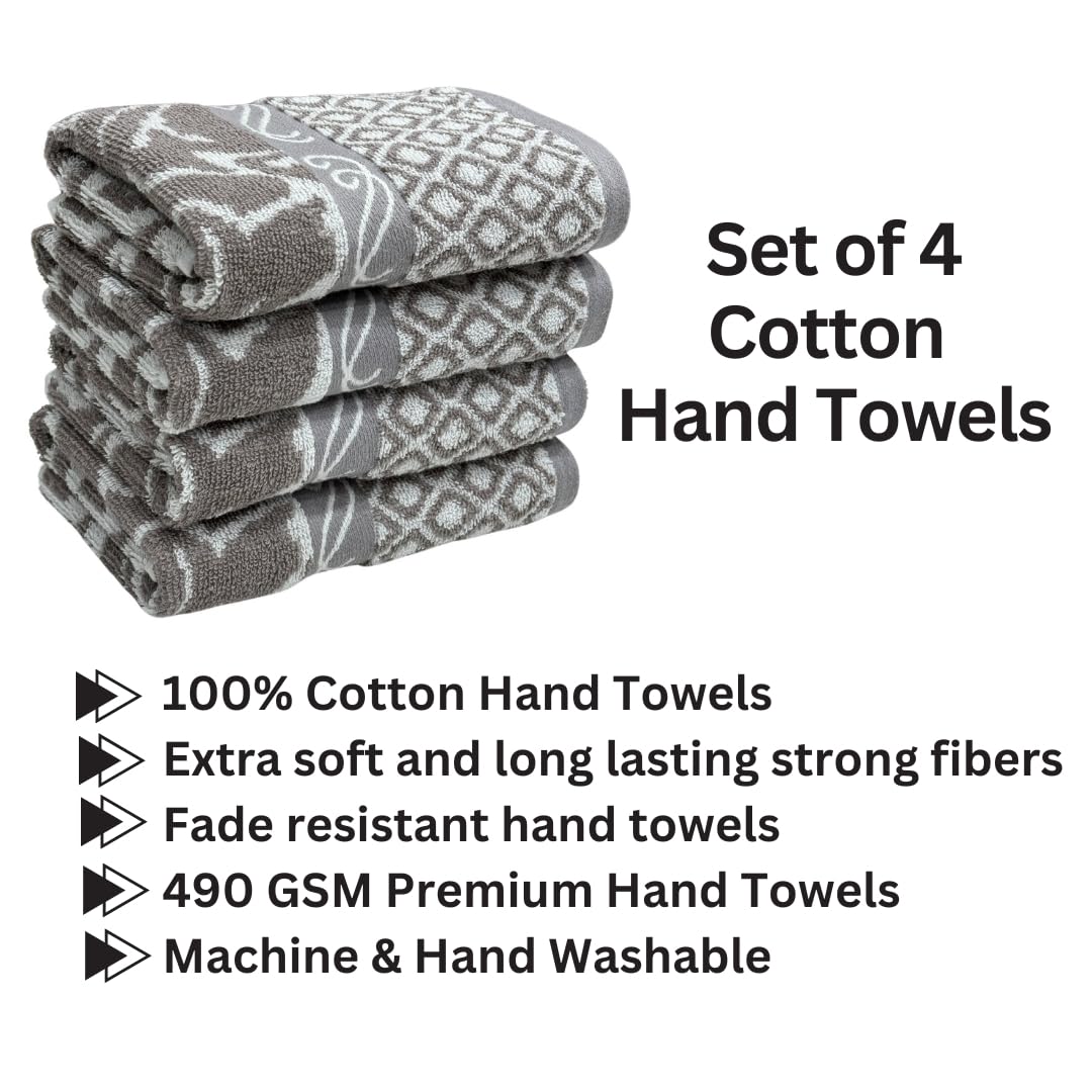Stamio Cotton Hand Towels 490 Gsm | Towel For Men & Women Home Kitchen Use, Gym, Wash Basin, Sports, Travel | Jacquard Towel, Grey (Set Of 4)