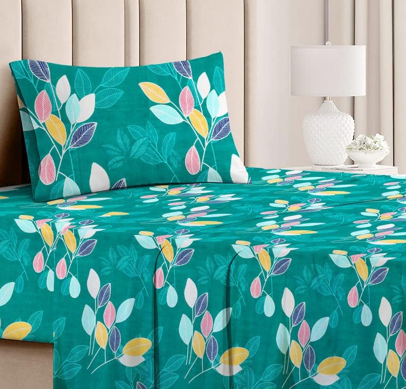 100% Cotton Single Bedsheets With 1 Matching Pillow Covers - 58 X 88 Inches, Dark Green | Luxurious Beautiful Soft Comfort Designer Floral Pattern Bedsheet