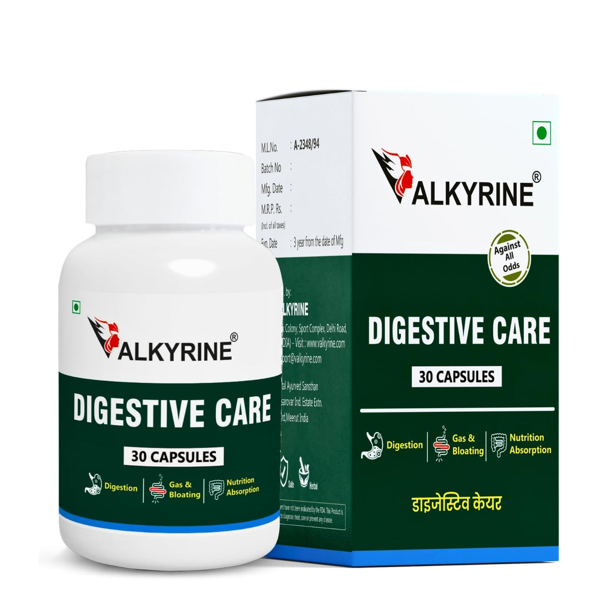 Valkyrine Digestive Care, Soothe & Support Digestion Naturally | 30 Capsules, 50gm 0.1lbs