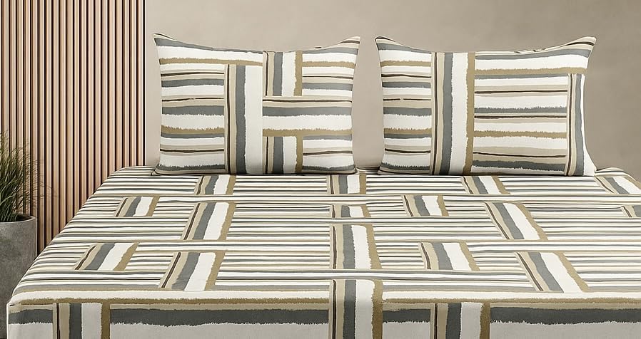 1 Bedsheet For Double Bed With 2 Pillow Covers - 90 X 100 Inches, Beige & Grey | Premium Cotton Material Double Bedsheet Queen Size | Skin Friendly & Long Lasting