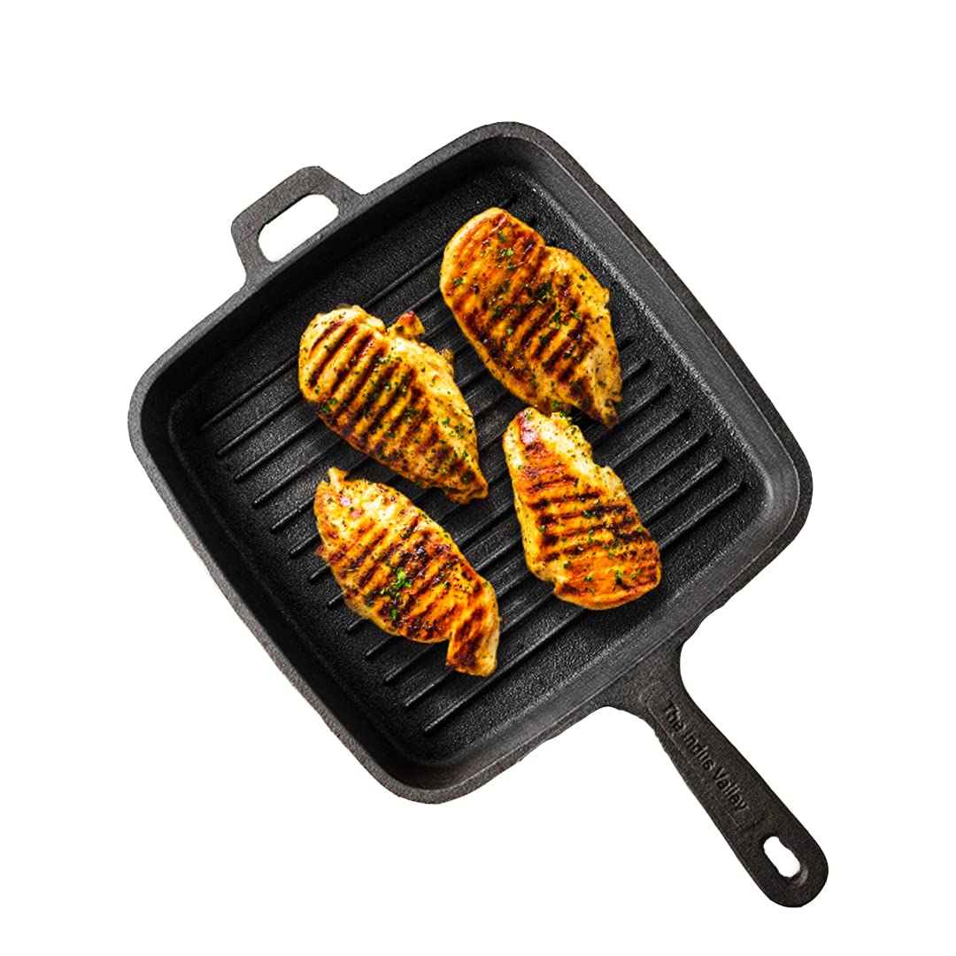 Pre-Seasoned Black Cast Iron Grill Pan With Long Handle - Medium, 25 Cm, 9.8 Inch, 1.5 Ltr, 3.4 Kg | Induction Friendly, 100% Pure & Toxin-Free, No Chemical Coating