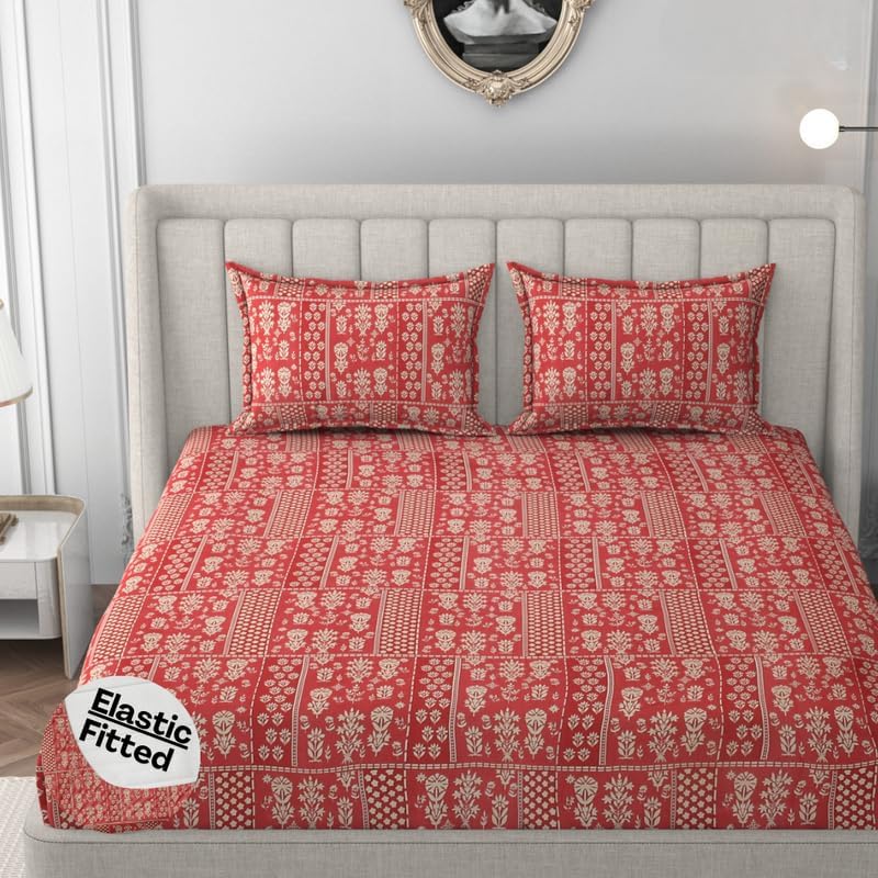 King Size Bedsheet For Double Bed With 2 Pillow Cover - 72 X 78 Inches, Red & Beige | Material Is Soft & Comfortable | All Around Elastic Fitted Bedsheet