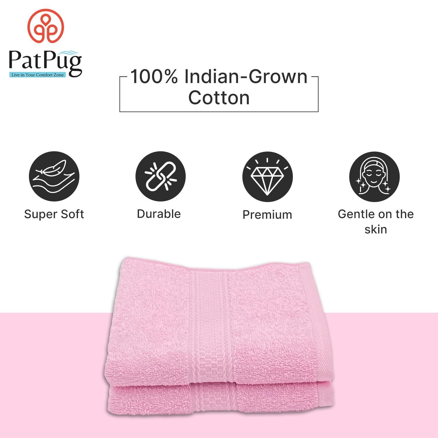 Patpug 100% Indian Ultra Soft Cotton Hand Towel 400 Gsm | For Gym, Workout, Yoga, Wash Basin (Baby Pink) - 2 Piece
