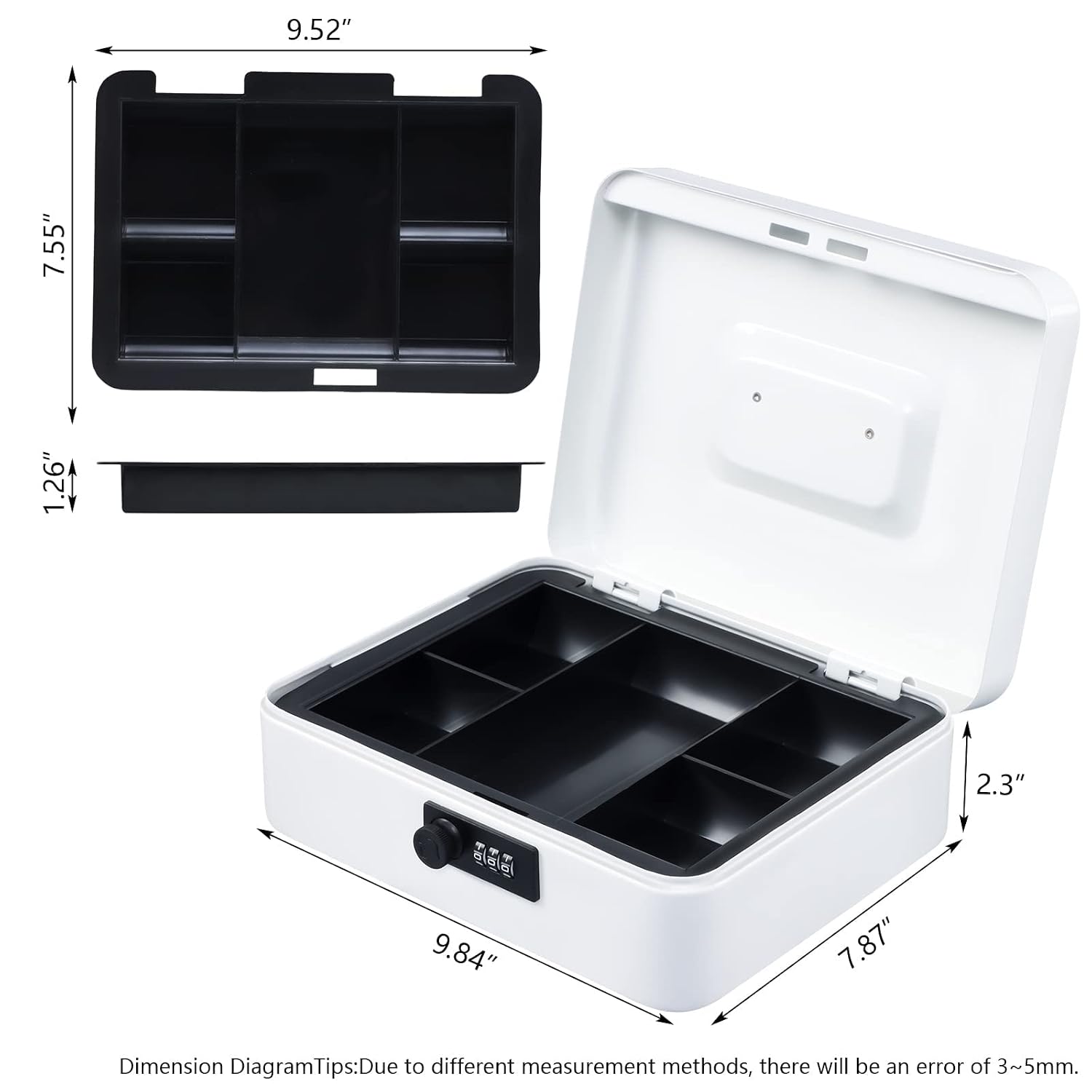 Large Cash Box With Combination Lock Safe Metal Money Box With Money Tray For Security Lock Box 9.84"X 7.87"X 3.54" Colour - White