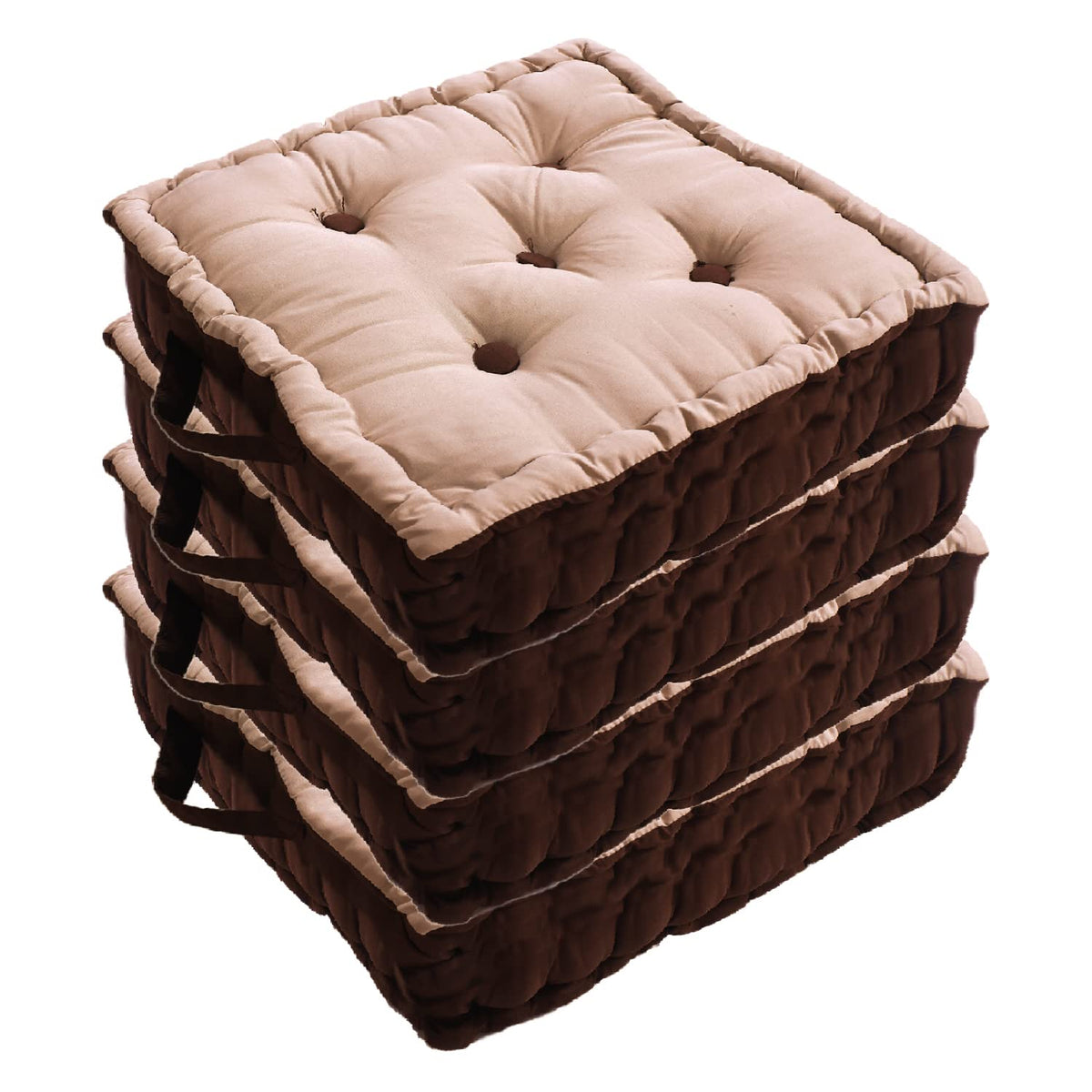 Square Chair Pad, Comfortable Seat Cushion, Soft Cotton Pillow For Seating, Beige & Brown | For Meditation, Yoga, Living Room | Furniture Cushion, Washable - 4 Piece Cotton Chair Pad