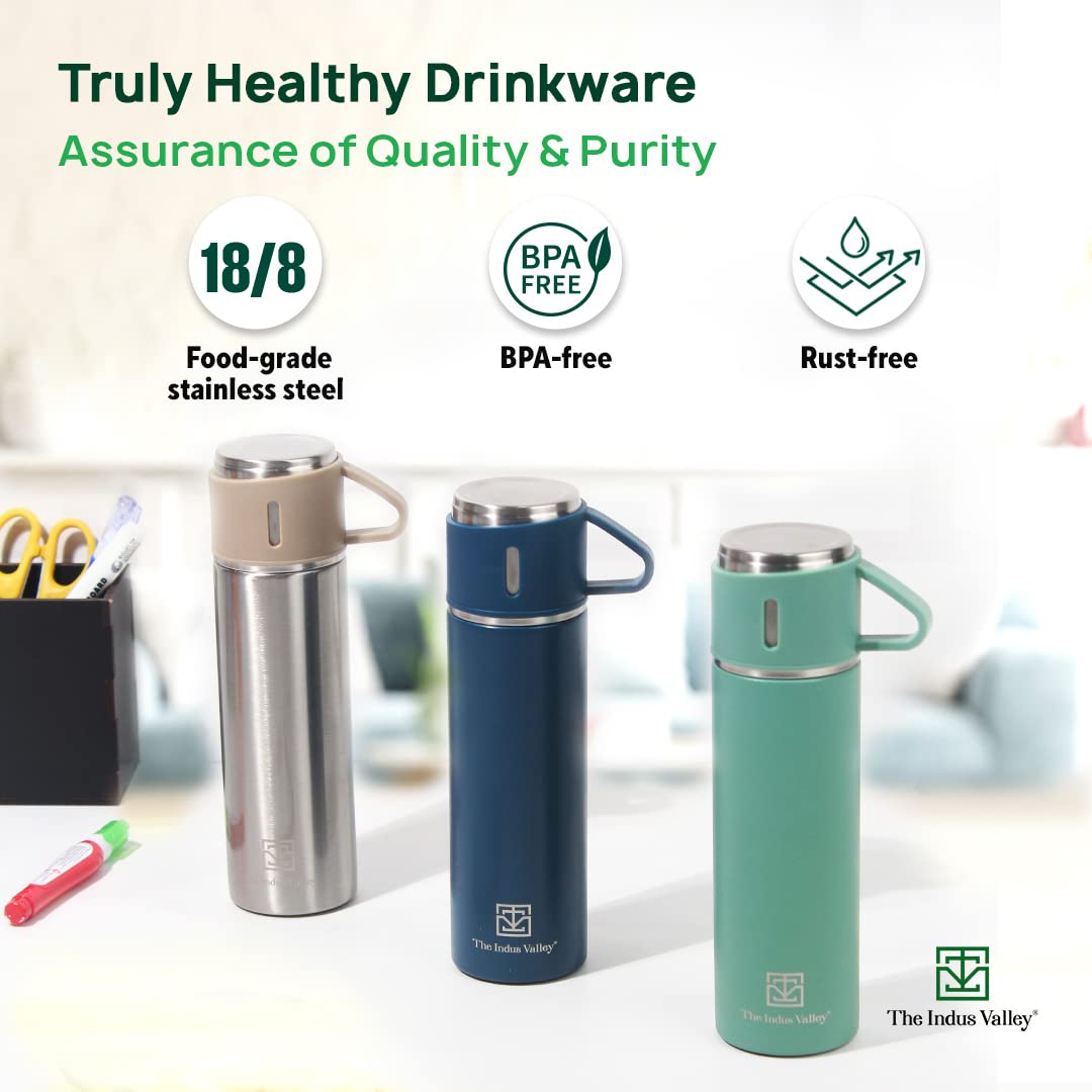 Stainless Steel Vacuum Insulated Flask With Drinking Mug - Green, 500ml | Double Walled, Hot & Cold Temperature, Leak Proof, BPA-Free