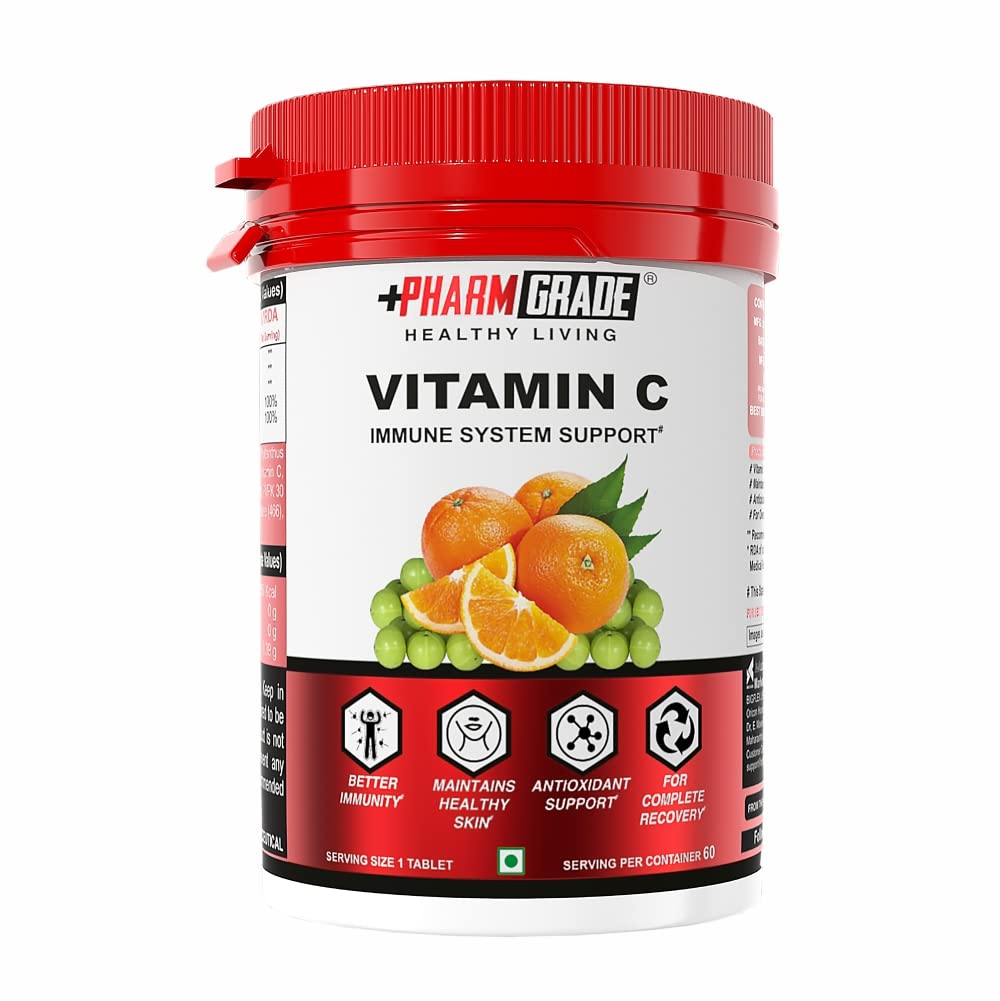 Pharmgrade Healthy Living Vitamin C , Natural Fruits Immunity Supplement For Men & Women , Antioxidants Skincare , Immunity Booster, Orange Peel, Vegan & Keto Friendly | 60 Tablets , 100gm 0.2lbs