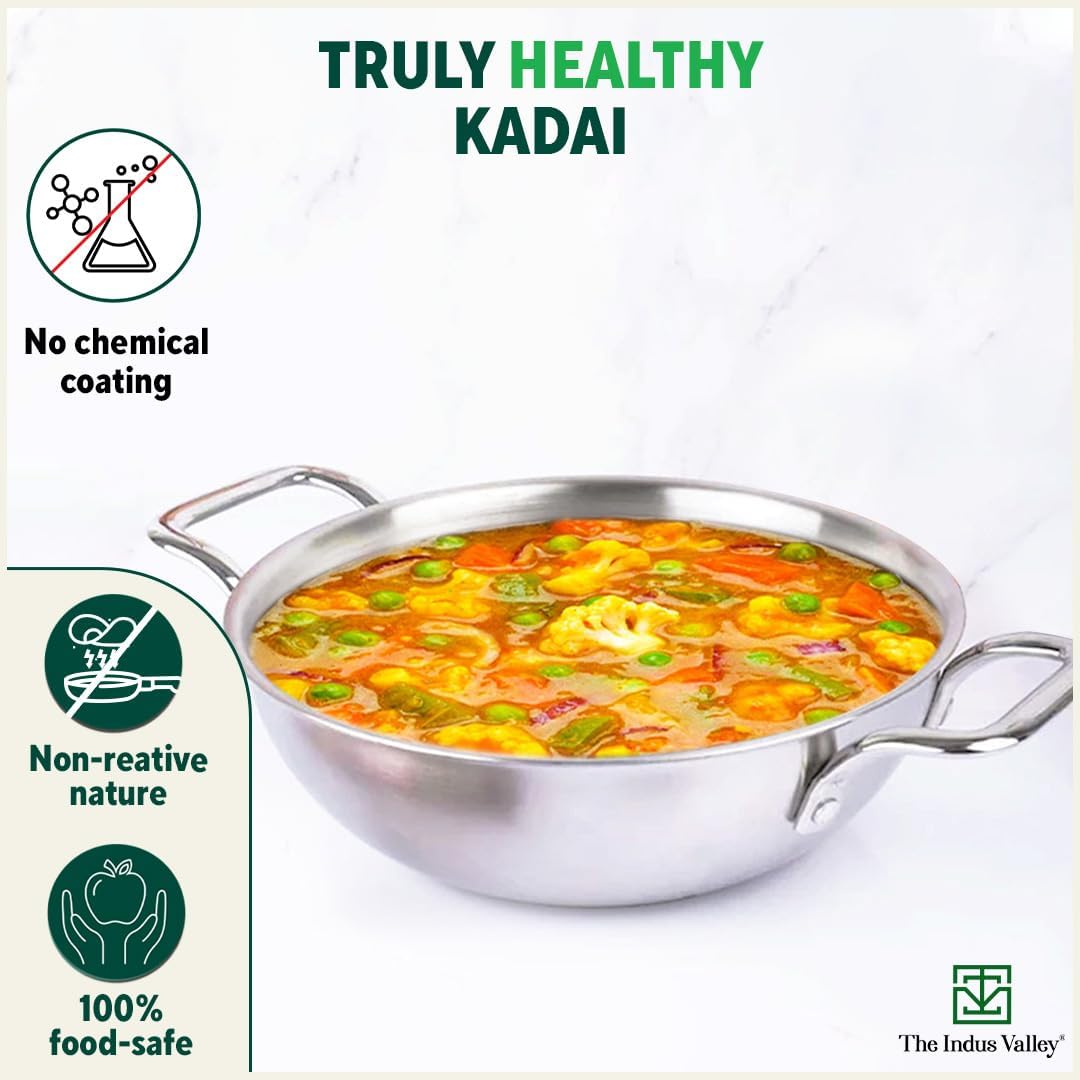 Triply Stainless Steel Cookware Set + Free Wooden Chopping Board | Kadai 20.3 Cm, 1.7 Liters + Stock Pot 22 Cm, 2.9 Liters - Pack Of 3 | Induction Friendly, Nonstick 3-Layer Body, 100% Pure & Toxin-Free