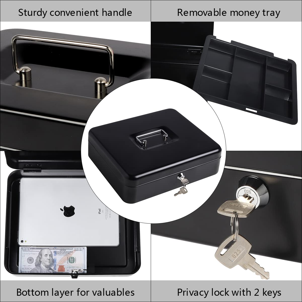 Metal Cash Box With Money Tray & Key Lock, Money Box For Cash Saving, 11.8"X 9.5"X 3.5", Large, Colour - Black, Special Feature - Portable