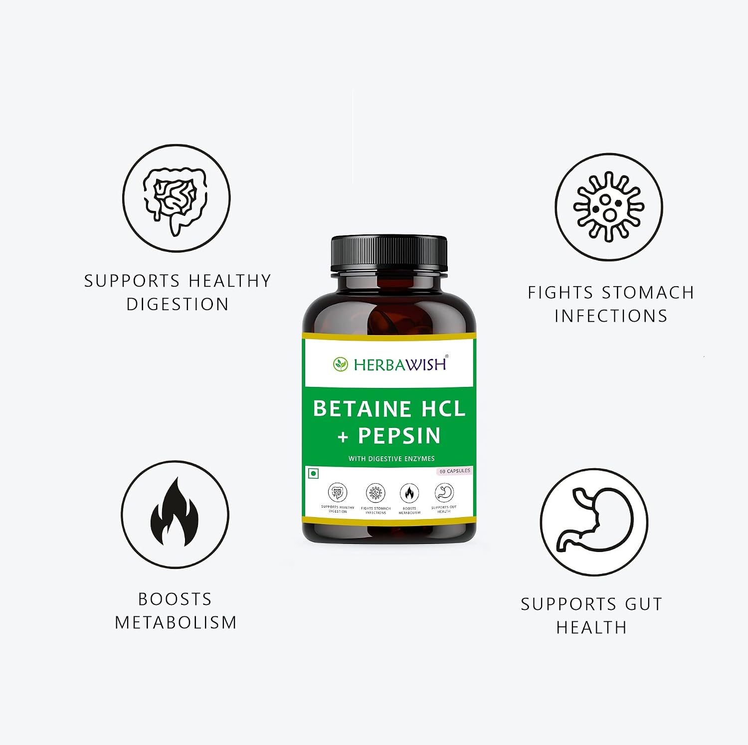 Herbawish Betaine Hcl + Pepsin With Digestive Enzymes, Supports Healthy Gut, Digestion, Acidity Problems & Boosts Metabolism | 60 Veg Capsules, 100gm 0.2lbs