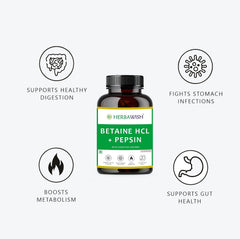 Herbawish Betaine Hcl + Pepsin With Digestive Enzymes, Supports Healthy Gut, Digestion, Acidity Problems & Boosts Metabolism | 60 Veg Capsules, 100gm 0.2lbs