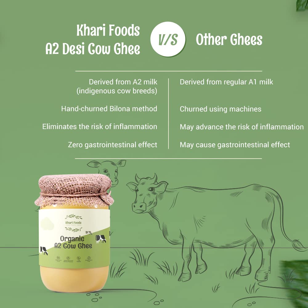 Natural Premium A2 Milk Cultured Cow Ghee By Khari Foods | Rich In Nutrients & Flavor Healthy Pure Cow Ghee For Eyeryday Use | (500ml) 16.9 Ounce | Jar Pack