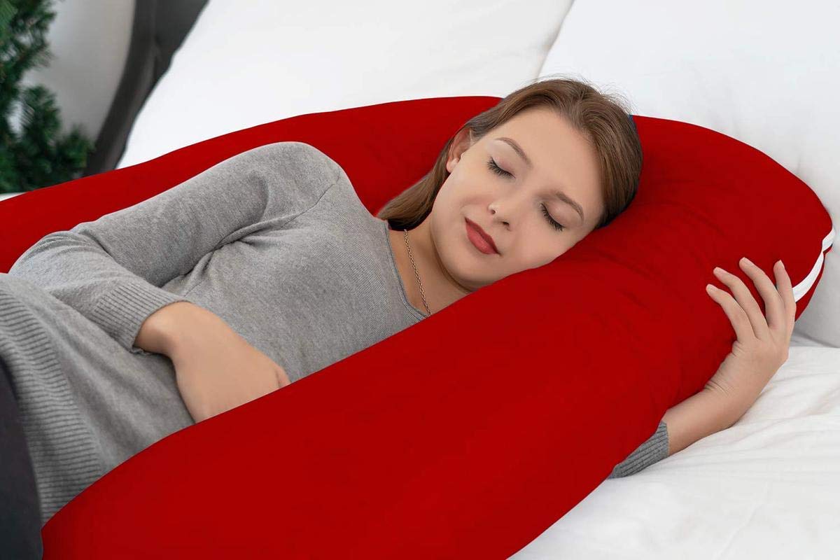 Premium Multipurpose Microfiber Pregnancy Pillow For Pregnant Women, Red | 100% Cotton, Zippered Red Cover, Lightweight, Removable Cover, Full Body Pillow, Soft Pillow - Pack Of 1