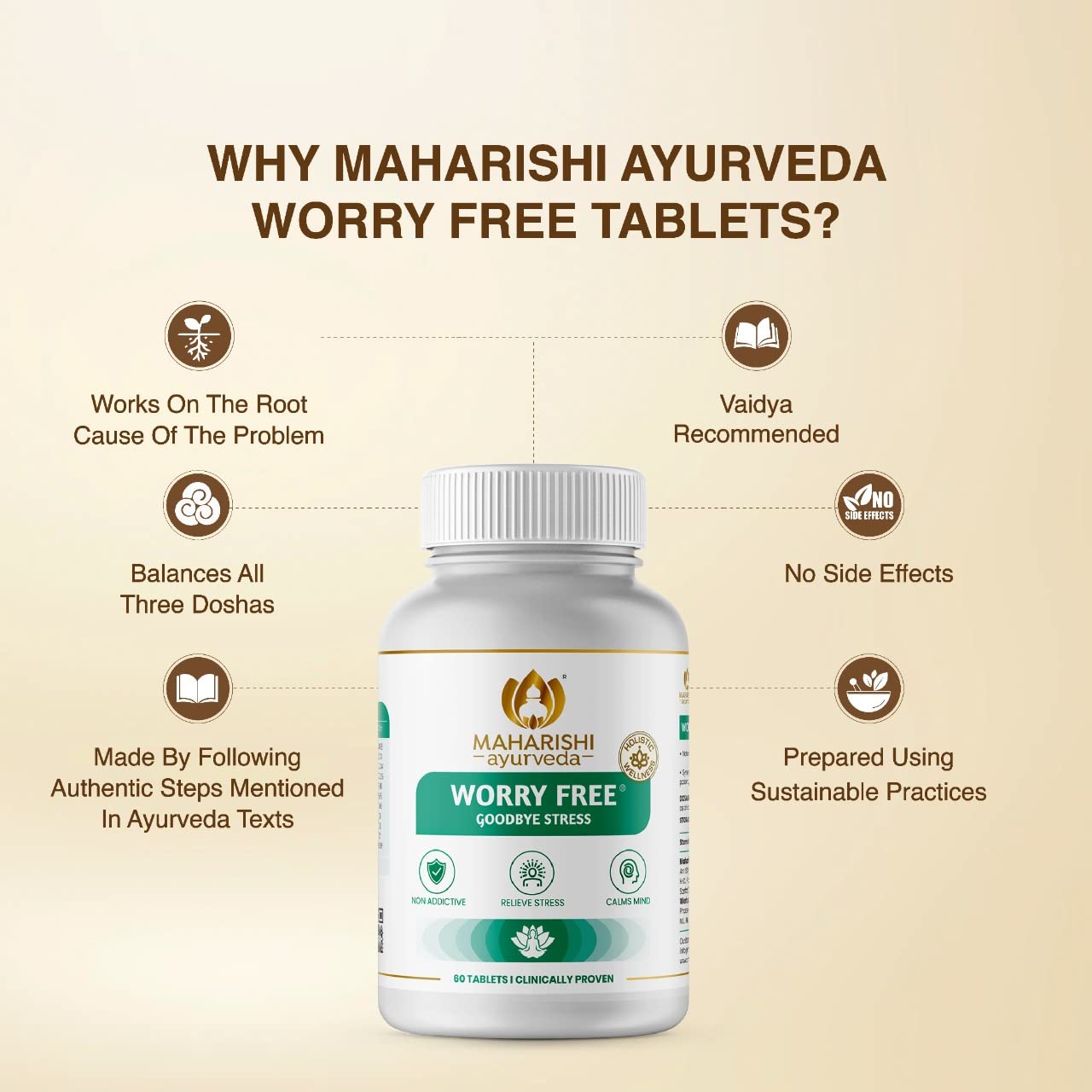 Maharishi Ayurveda Ashwagandha Worry Free Tablets Ayurvedic Medicine Helps Keep The Mind & Body Calm & Relaxed Non Addictive | 60 Tablets 100gm 0.2lbs