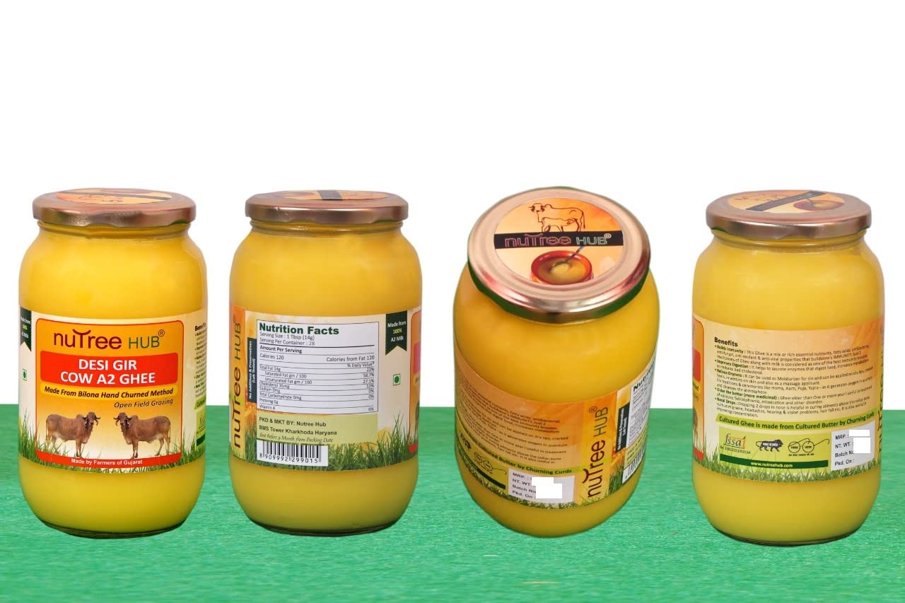 100% Pure Desi Gir Cow A2 Ghee By Nutree Hub | Traditional Bilona Method Healthy Desi Ghee For Protact Eyesight | (1 Litre) 33.8 Ounce | Jar Pack