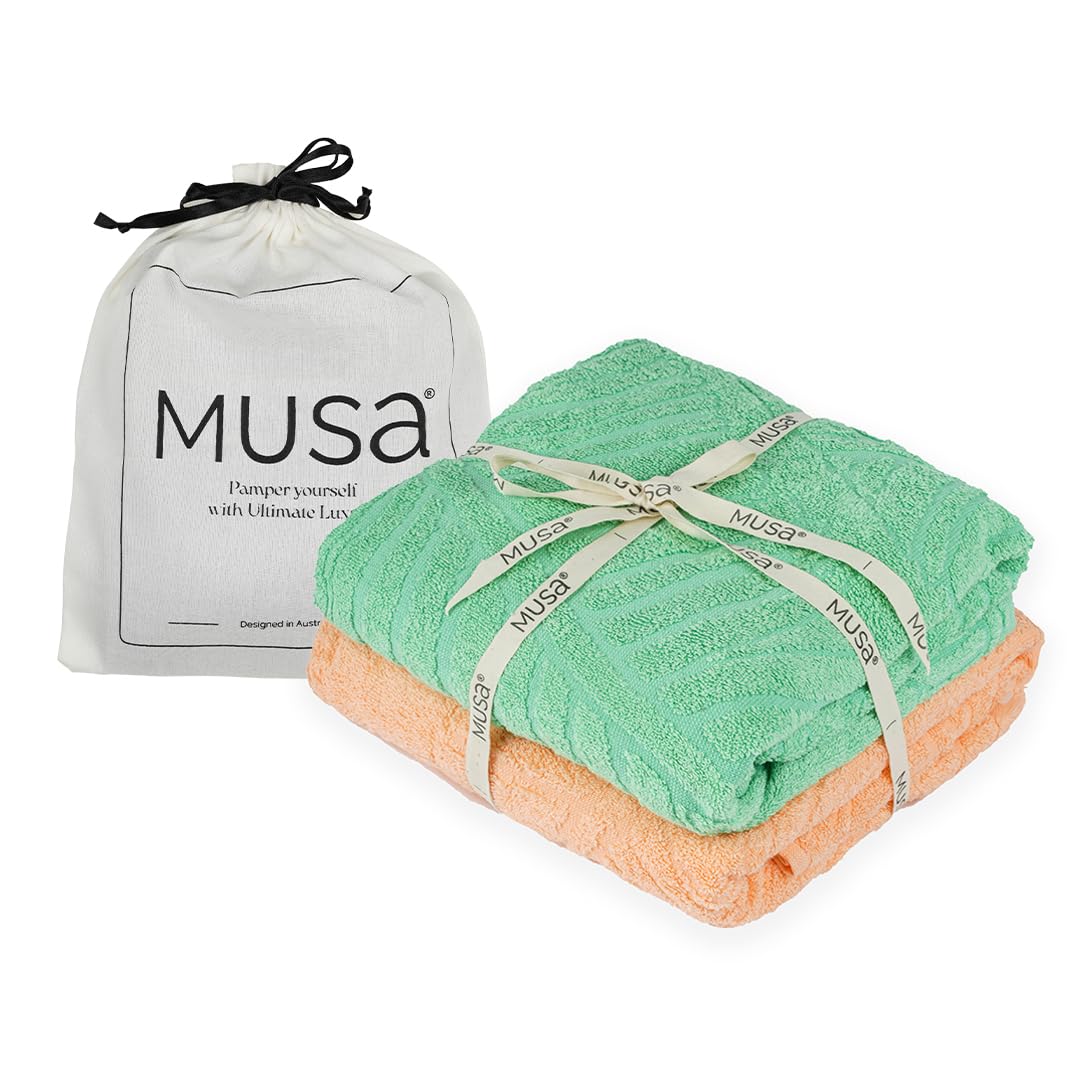 Musa Banana Bath Towels 400 Gsm | Towels With Free Bag Terry Towels Large Size | Super Soft & Super Absorbent (Peach Fuzz + Ming Green) Pack Of 2
