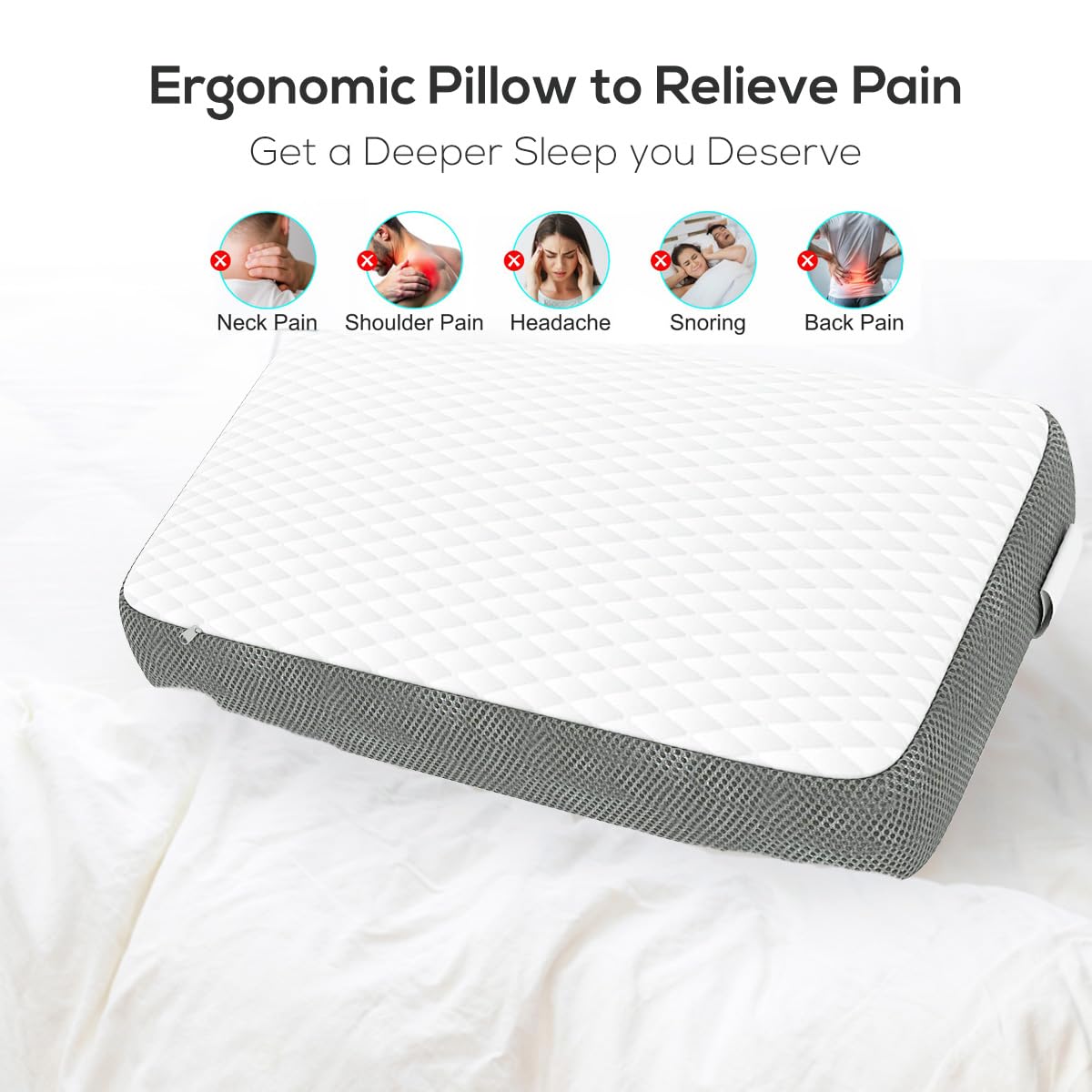 Memory Foam Pillow For Sleeping, Cervical Pillow For Pain Relief, White & Grey | Pillow For Neck, Shoulder & Back Pain Relief | Orthopedic Pillow, Versatile & Multipurpose - Pack Of 1