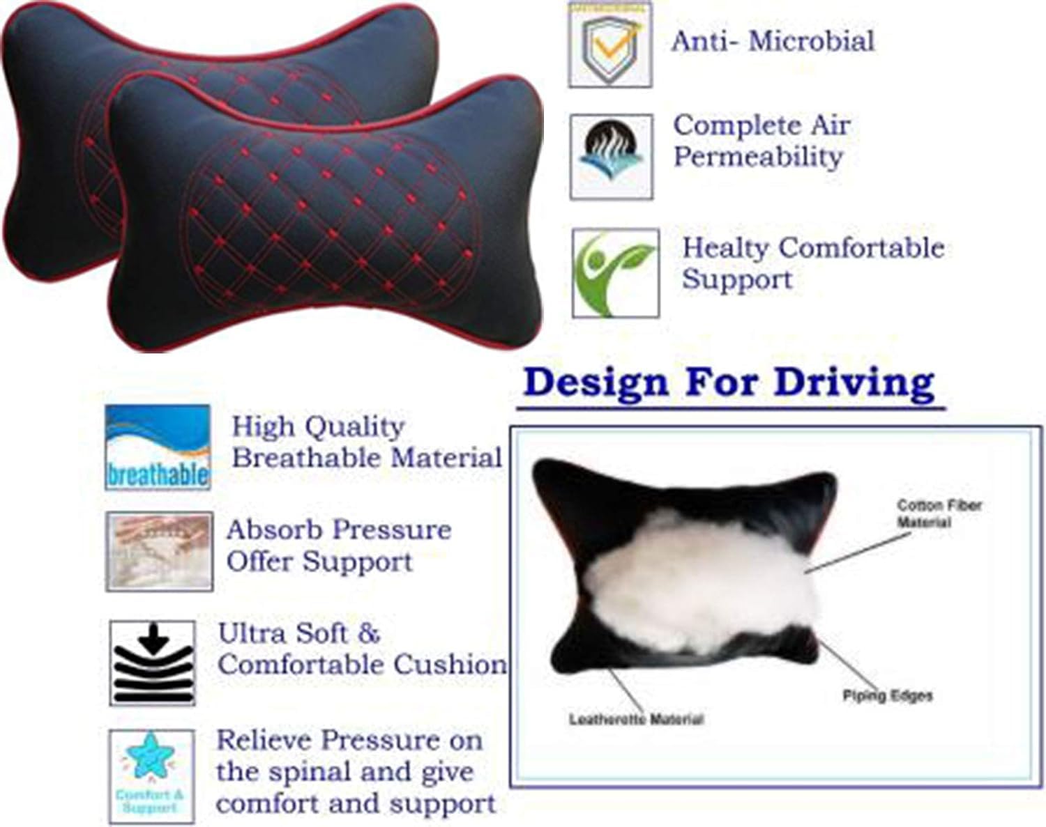 Faux Leather Car Neck Rest Pillow, Pillow Compatible With All Cars - Black, With Red Embroidery | Neck & Head While Driving Pillow For Neck Pain Relief | Light Weight - Pack Of 2