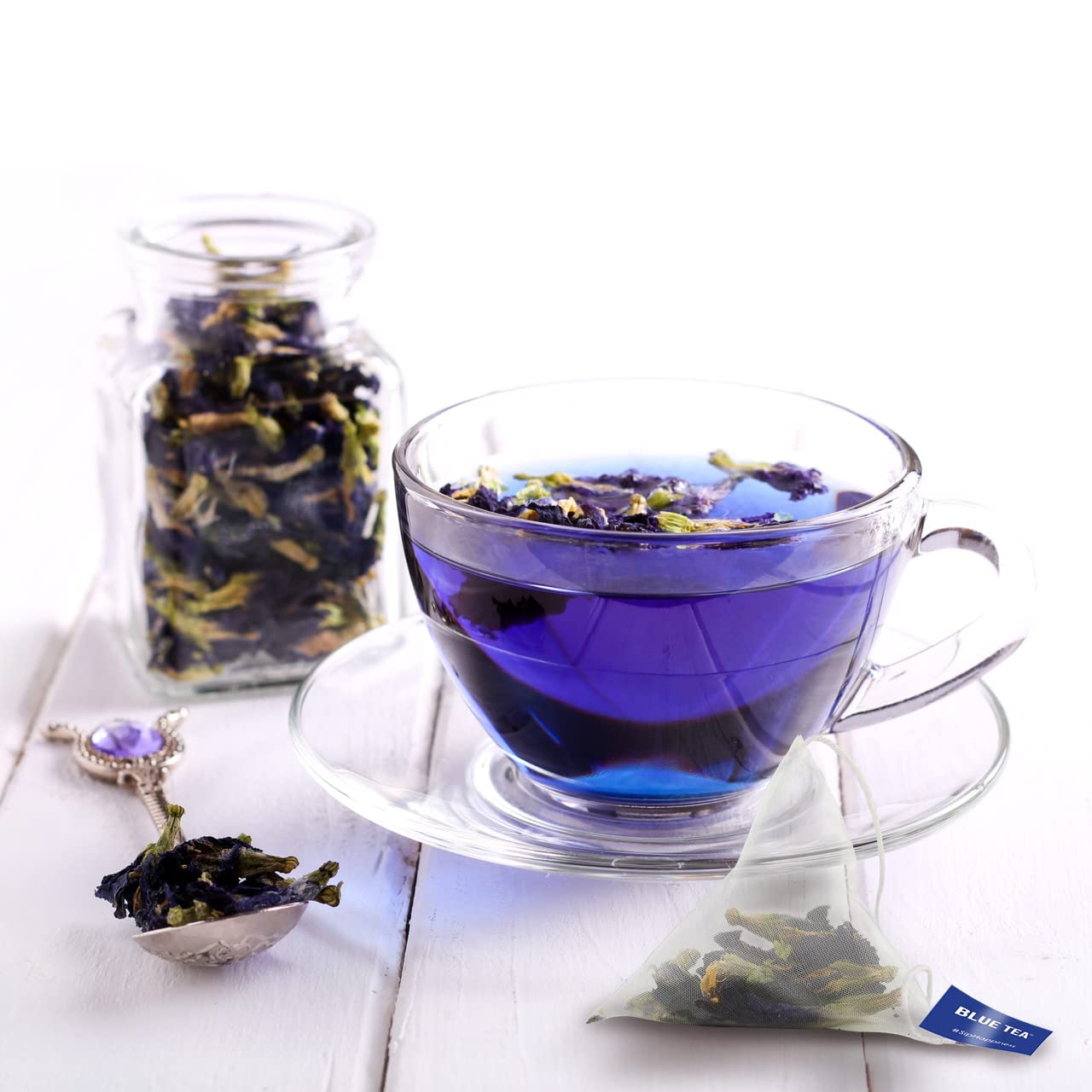 Blue Tea Butterfly Pea Flower Ginger Herbal Tea - 30 Pyramid Tea Bags | Sun Dried Flower Antioxidant Tea - Caffeine Free, Detox Tea | No Added Colors, Aparajita - Shankhpushpi, Zipper Pack