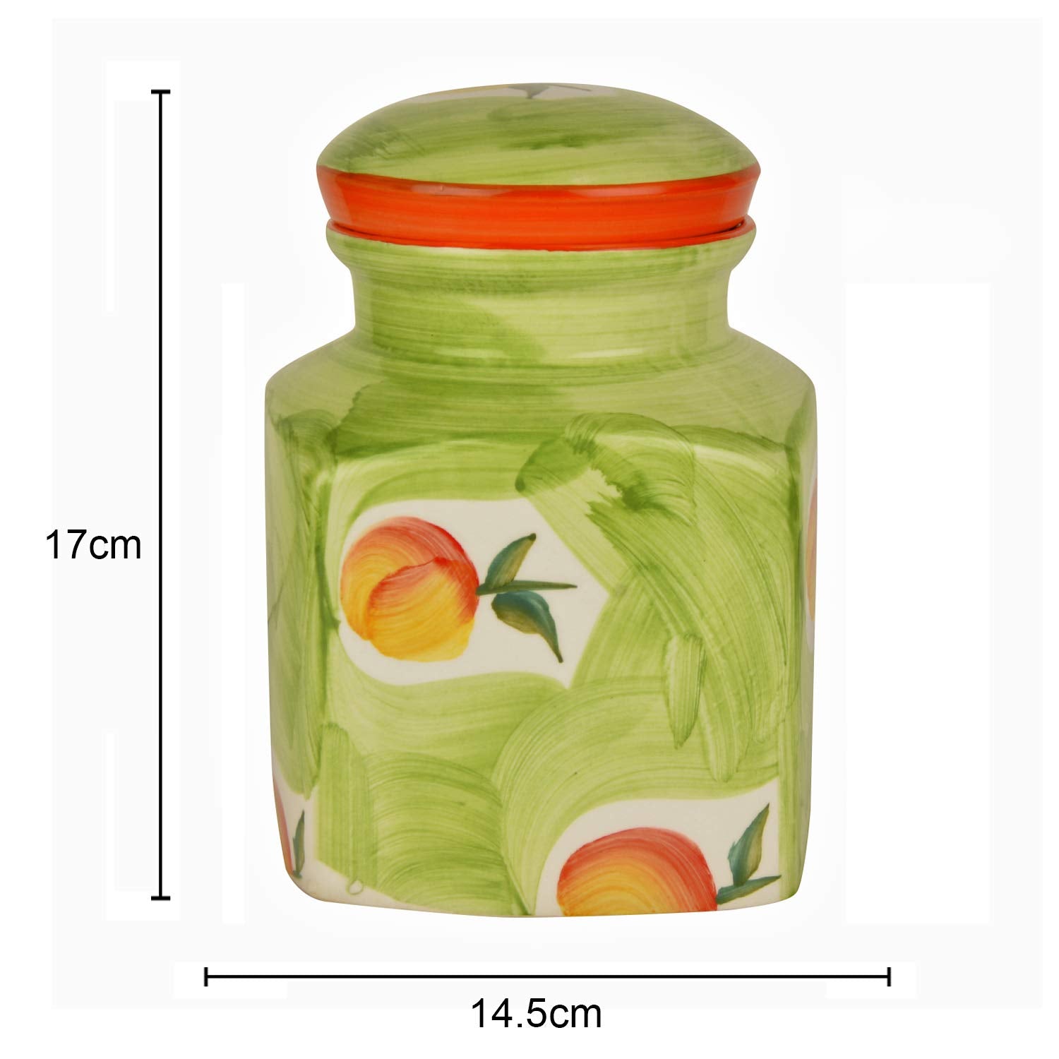 Hand Painted Ceramic Square Jar (Burni) With Lid 2000ml, Green & Orange | Ceramic Multi-Utility Storage Jar - Pickle Storage Jar