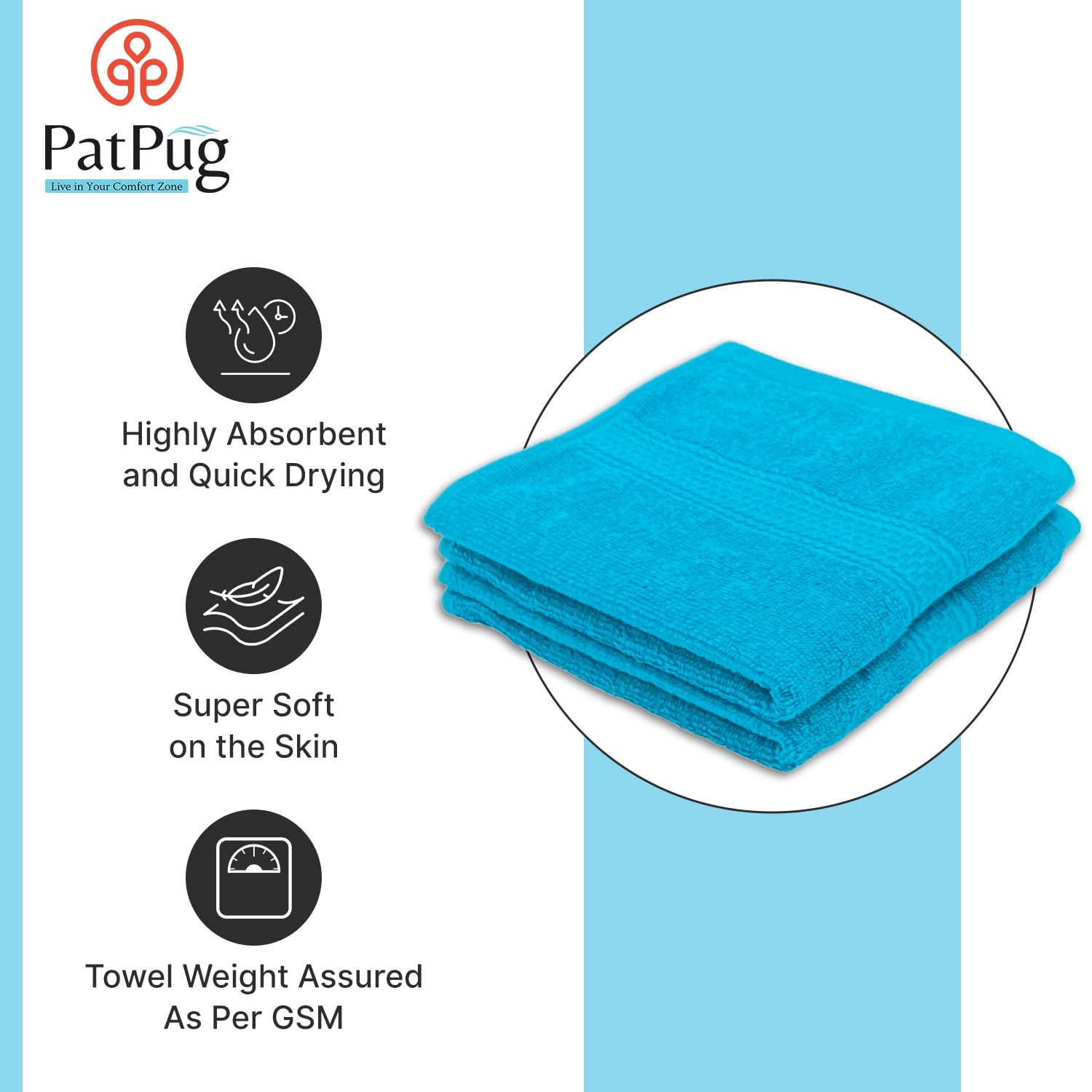 Patpug 100% Indian Ultra Soft Cotton Hand Towel 400 Gsm | For Gym, Workout, Yoga, Wash Basin (Teal) - 2 Piece