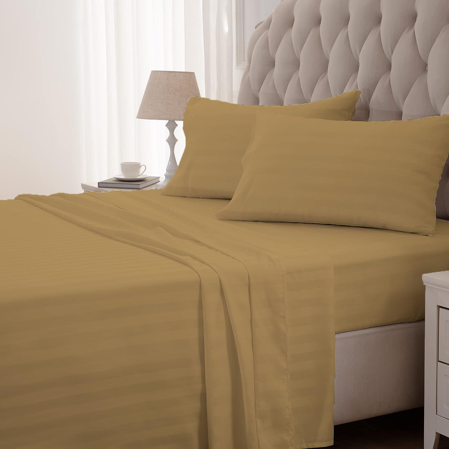 Striped Cotton Queen Size Fitted Bedsheet With 2 Pillow Covers - 60 X 80 + 12 Inches, Taupe | Soft & Durable | Perfect For All Seasons, Especially Summer