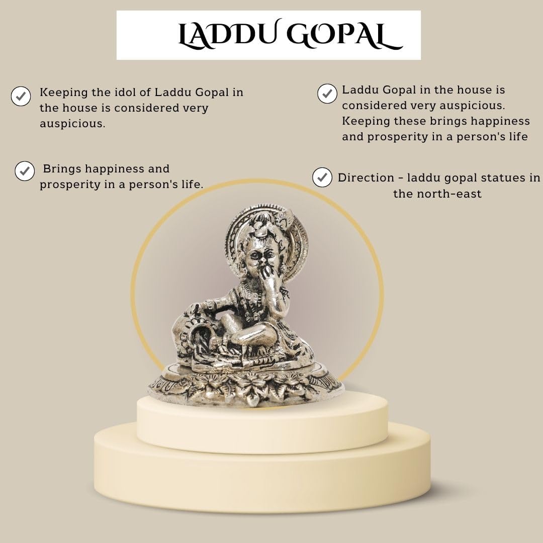 God Idol Laddu Gopal Murti, Silver Plated, Bal Krishna Idol, Aluminium, Statue, Handmade, All Occasion, Showpiece Idols | Best Gift Option, Krishna Murti