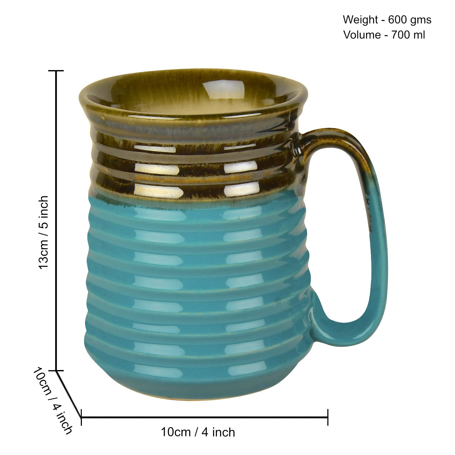 Hand Glazed Jumbo Ceramic Beer Mugs Set Of 2 - Sky Blue & Brown, 700ml Each | Milk Mugs