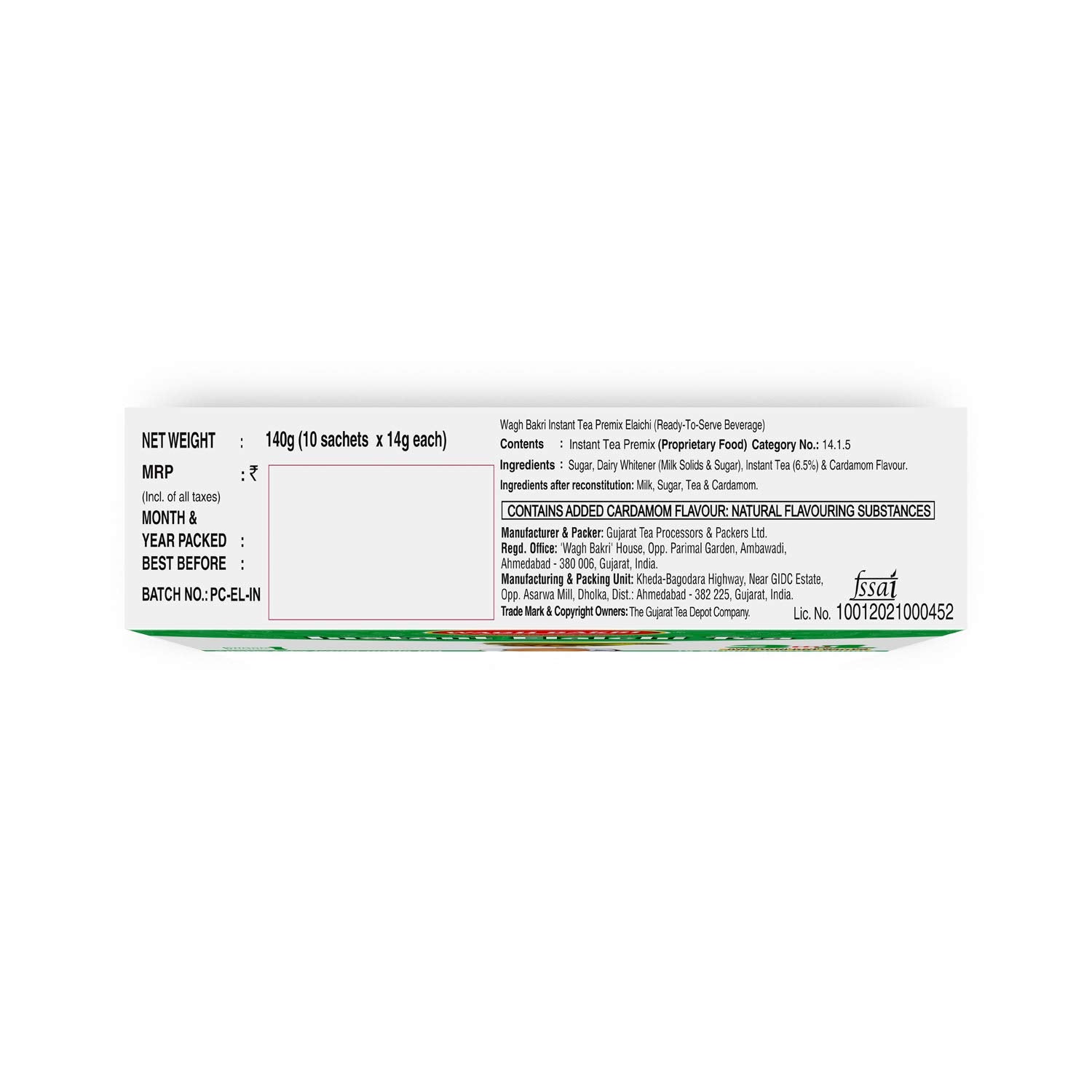 Wagh Bakri Instant Elaichi Tea Premix Powder - 140gm, 4.9 Ounce, 10 Single Serve Sachets | 3 In 1 Sugar + Milk Solids + Tea, Just Add Hot Water - Tastes Like Homemade Tea | Caffeine Free