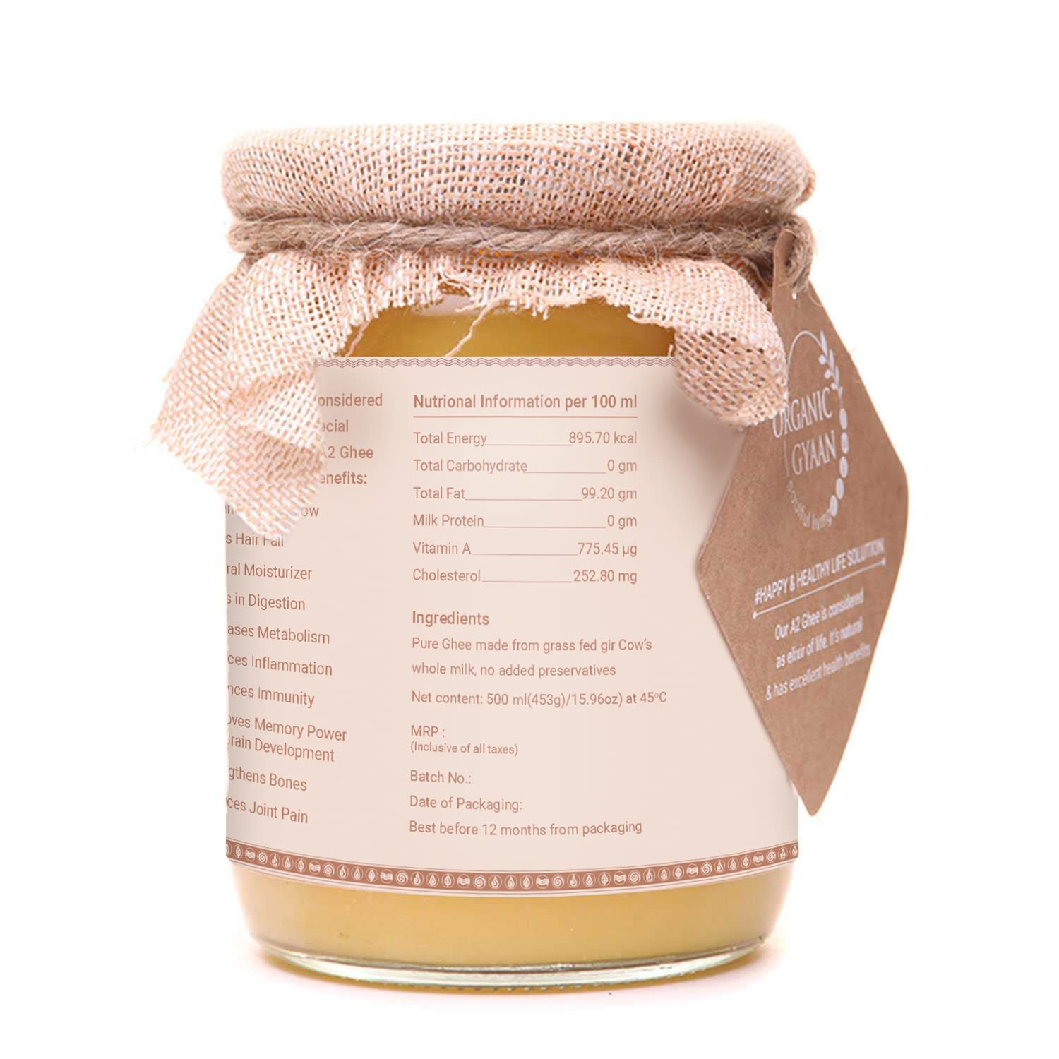 Natural A2 Gir Cow'S Bilona Ghee By Organic Gyaan | Good Source Of Healthy & Nutrients Desi Cow Ghee Perfect For Sweets | (500ml) 16.9 Ounce | Jar Pack