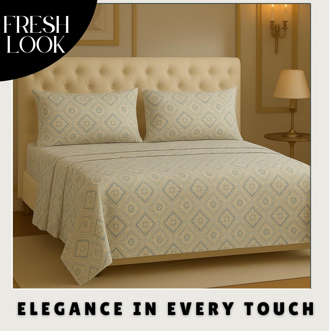 Microfiber Bedding Set For King Size 1 Fitted Bedsheet With 1 Flat Top Sheet + 2 Pillow Covers | 78x72 Inches, Off White & Grey | Perfect Combination For A Stylish Bedsheet