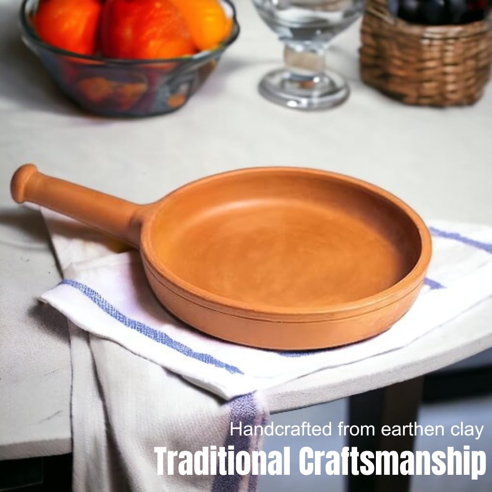 Handmade Unglazed Clay Fry Pan - Eco Friendly Earthen Terracotta Mitti Frying Pan 10 Inches, Red-Ochre (Gerua)