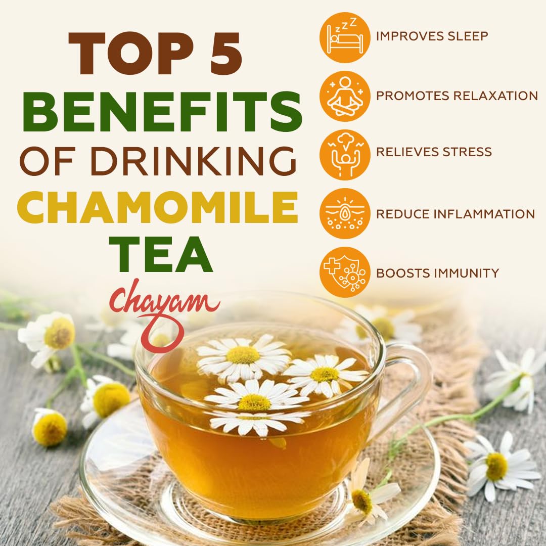 Chayam Pure Chamomile Tea - 30gm Tin Caddy, 1.05 Ounce | Sleep & Stress Relief, Calming Bedtime Herbal Tea - Pure Whole Chamomile Flowers | Caffeine Free