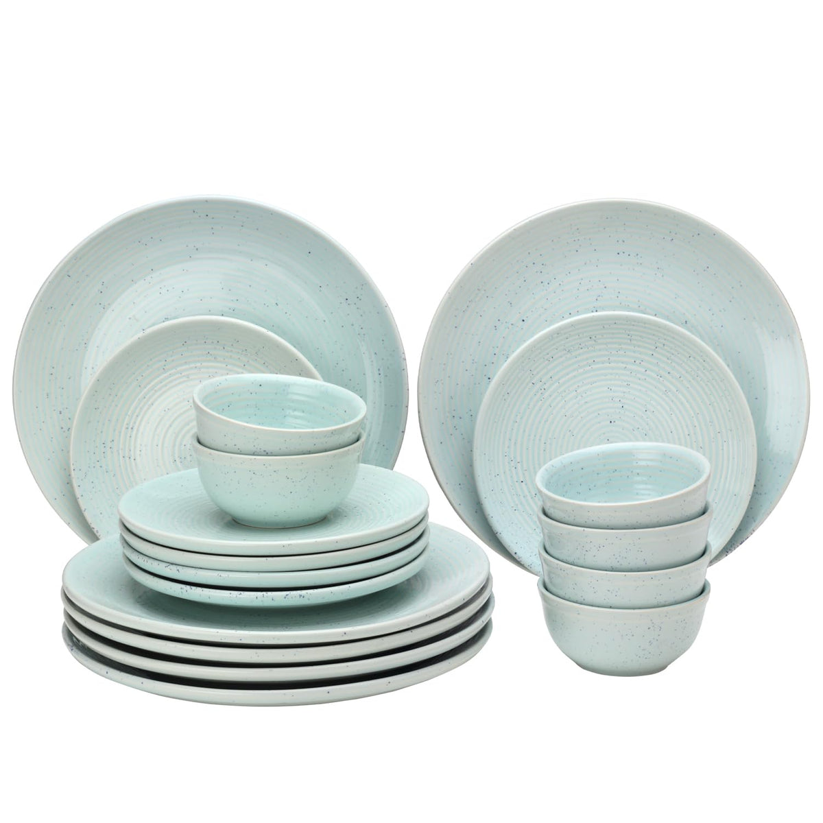 Handcrafted Ceramic Solid Dinner Set Of 18 - Mint Green | 6 Dinner Plates, 10.6 Inch Each+ 6 Small Plates, 7.4 Inch Each + 6 Small Dinner Bowls, 180ml Each - Microwave & Dishwasher Safe