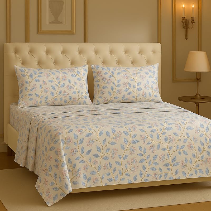 Microfiber Cotton Double Bedsheet King Size With 2 Pillow Covers - 78 X 72 Inches, White & Blue | Ideal For Everyday Comfort & Special Occasions Bedsheet