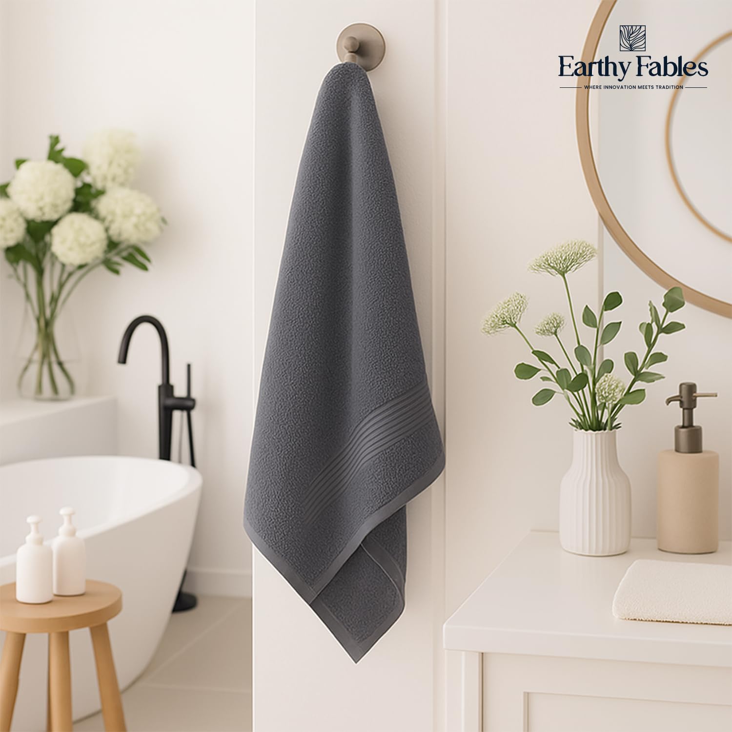 Earthy Fables Premium Bath Towel 600 Gsm | 100% Combed Cotton Ultra Soft, Quick Dry & Highly Absorbent For Home, Travel And Acne-Prone Skin (Grey) Set Of 2