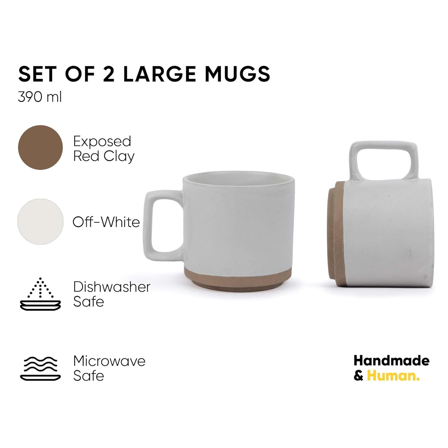 Large Ceramic Coffee Mug Set Of 2 - Off White, 350ml Each | Ceramic Japandi Mug, Tea Mug With Matte Finish - Mug For Coffee | Ceramic Coffee Mug - Microwave Safe & Dishwasher Safe