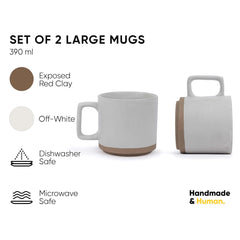 Large Ceramic Coffee Mug Set Of 2 - Off White, 350ml Each | Ceramic Japandi Mug, Tea Mug With Matte Finish - Mug For Coffee | Ceramic Coffee Mug - Microwave Safe & Dishwasher Safe