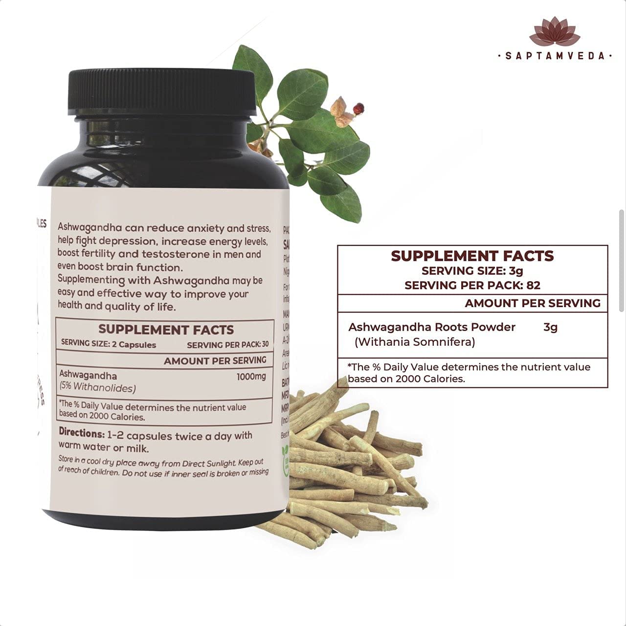 Saptamveda Natural Ashwagandha, Helps Manage Stress, Anxiety & Depression, Helps Improve Concentration | 60 Capsules 100gm 0.2lbs Each Pack Of 4