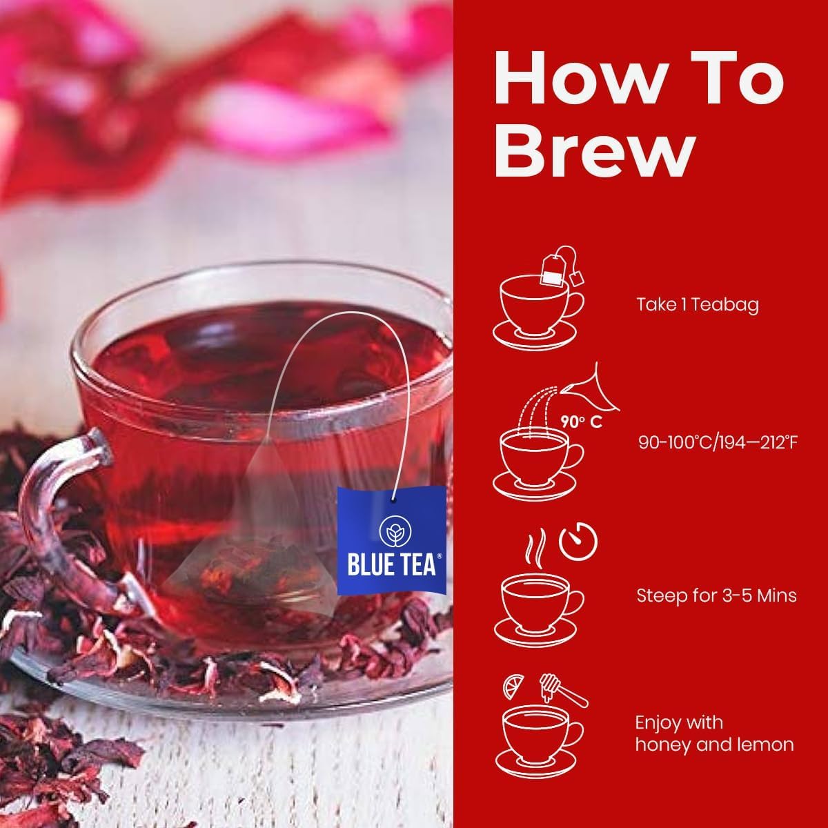 Blue Tea Caffeine Free Hibiscus Classic Herbal Tea - 100 Pyramid Tea Bags | Skin Glow Enhancing Tea - Gluten Free, Non GMO | Plant Based Tangy Taste - Zip Lock Pouch