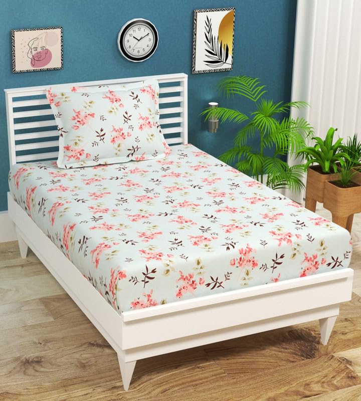 Premium Cotton Single Bedsheets With 1 Pillow Covers - 60 X 90 Inches, Aqua & Pink | Printed Single Sheet Super Soft Breathable & Wrinkle Free