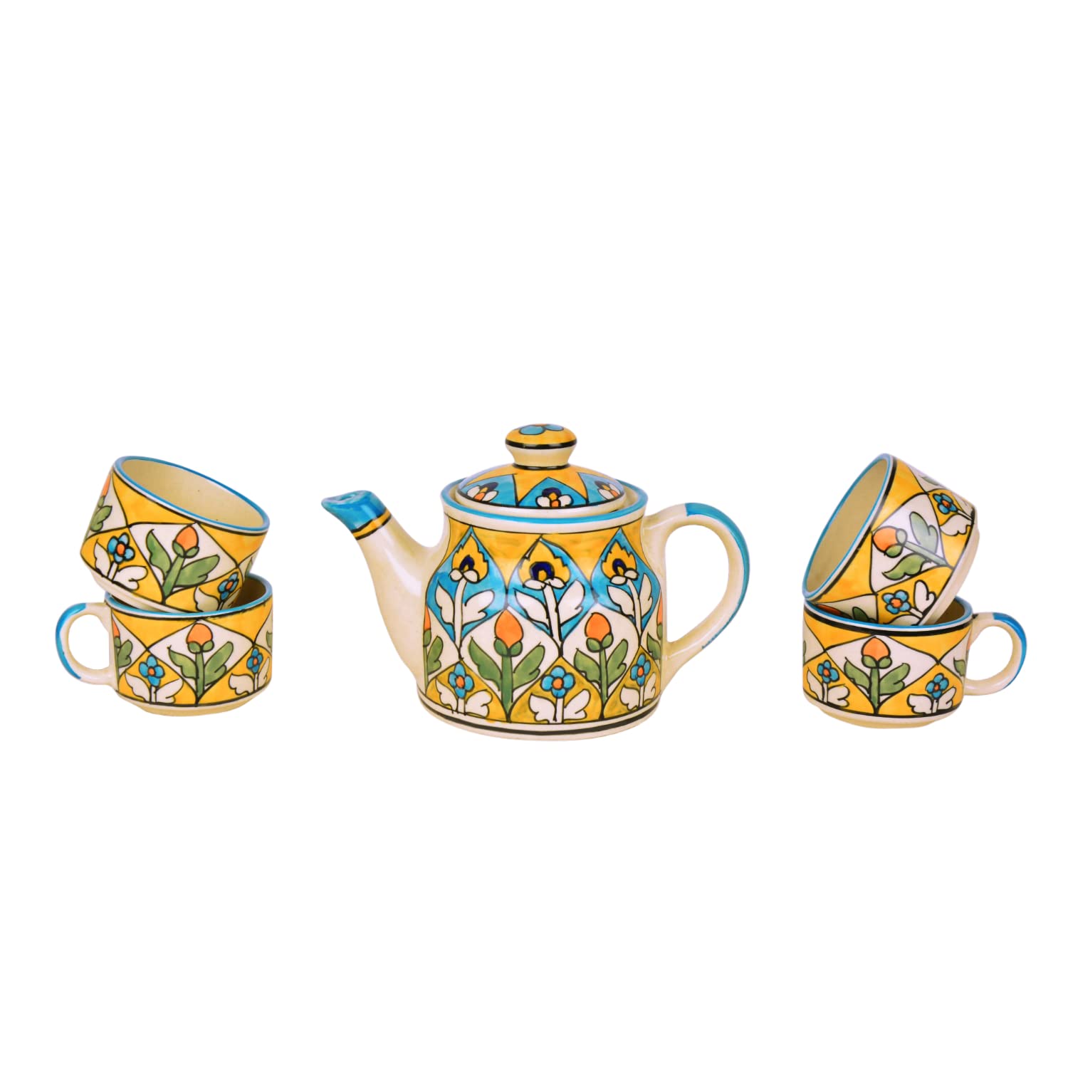 Hand Painted Ceramic Tea Set - 1 Kettle + 4 Cups, Multicolor | Coffee Mugs With Kettle - Tea Cups With Kettle