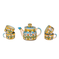 Hand Painted Ceramic Tea Set - 1 Kettle + 4 Cups, Multicolor | Coffee Mugs With Kettle - Tea Cups With Kettle