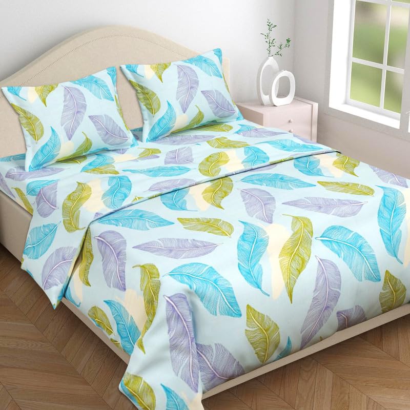 Soft Cotton King Size Bedsheet For Double Bed With 2 Large Size Pillow Covers | 108 X 108 Inches, White & Blue - Ultra Soft, Breathable, Softness | All Season, Summer, Winter