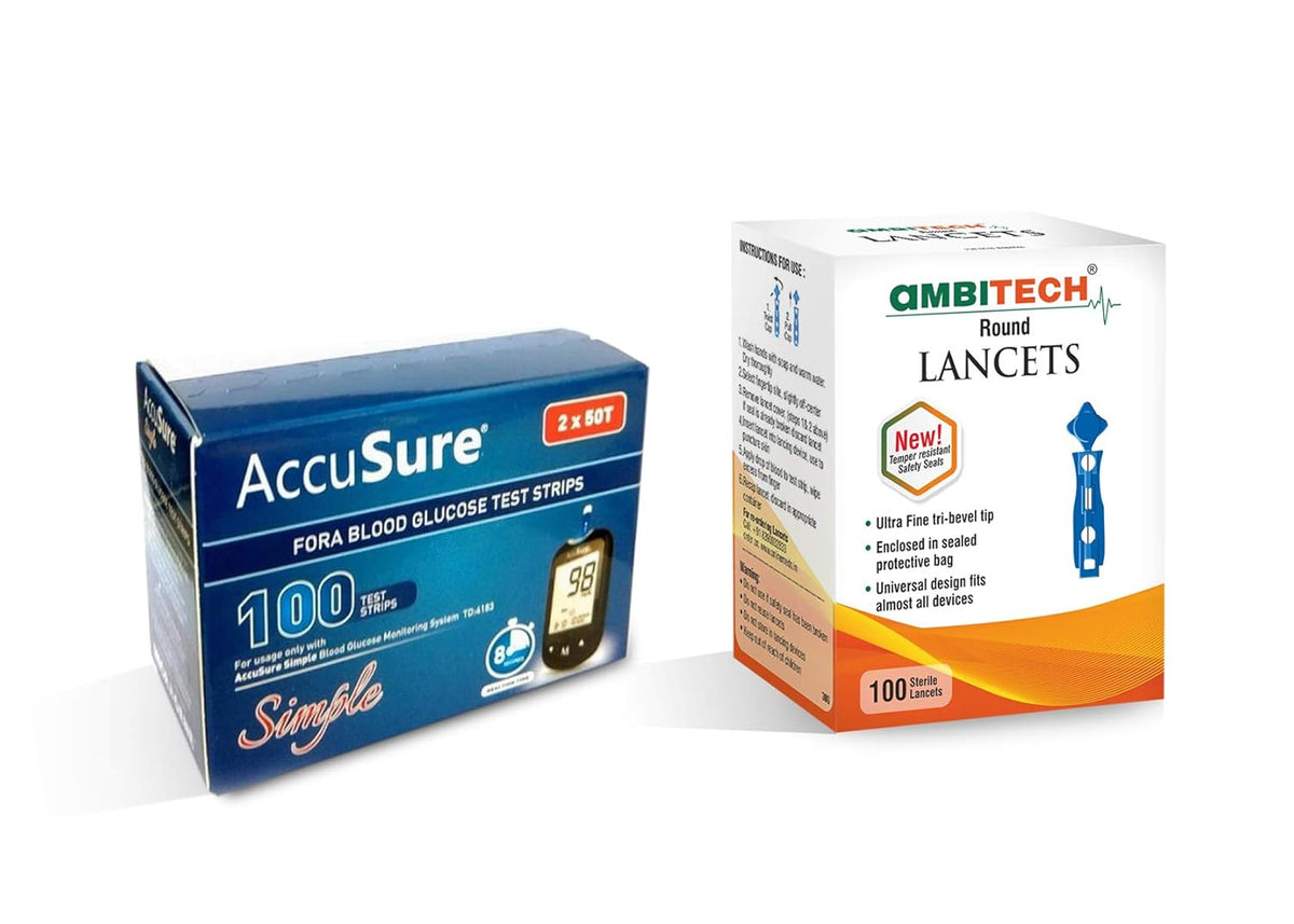 AccuSure Simple Blood Monitoring System Test Strips + Ambi Tech Round Lancets - 100 Test Strips + 100 Lancets