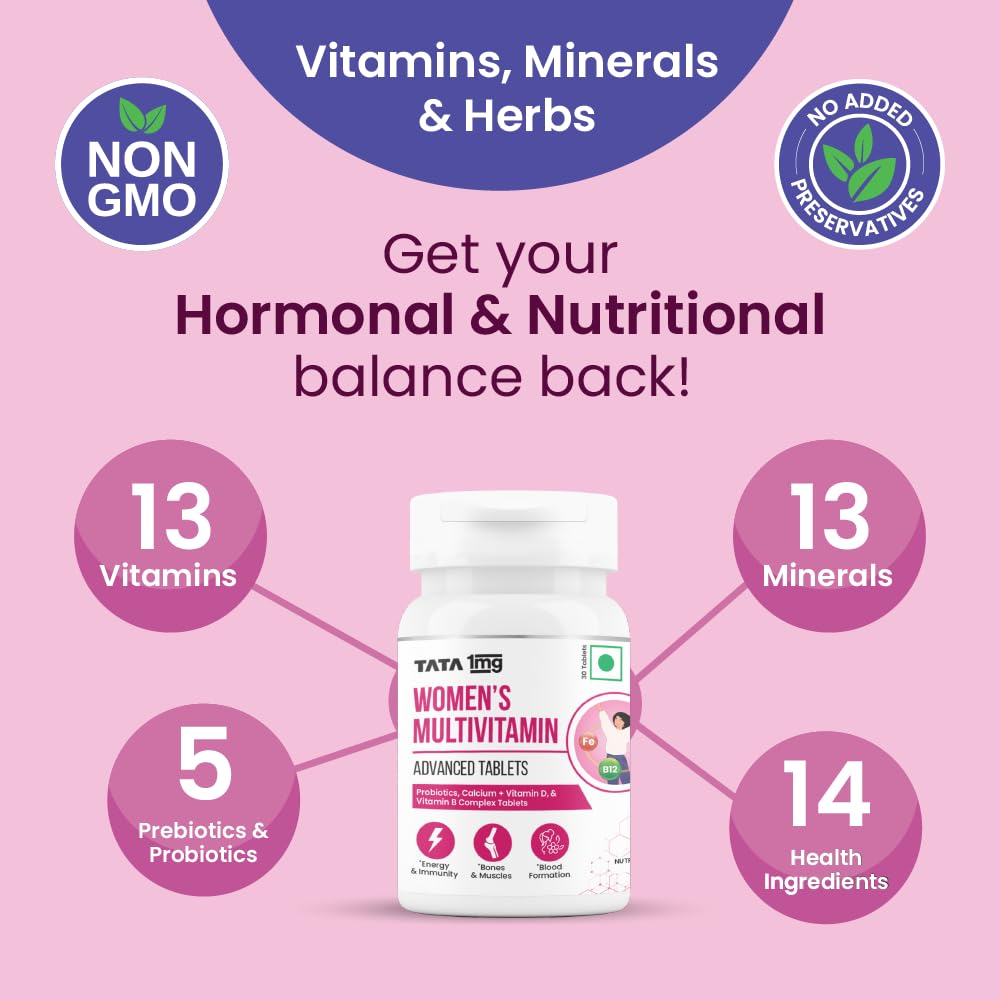 Tata 1mg Womens Multivitamin With Zinc, Vitamin C, D , Calcium & Iron Support Health Protection, Bones & Overall Health | 60 Veg Tablets , 100gm 0.2lbs
