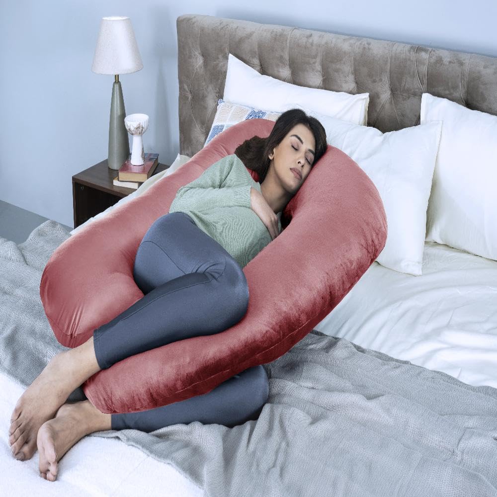 Pregnancy & Nursing Pillow Combo, U Shape Maternity Pillow For Sleeping - Dark Pink | 5 In 1 Multipurpose Use, Nursing Pillow | For Breastfeeding With Cotton Removable Cover, Adjustable Strap